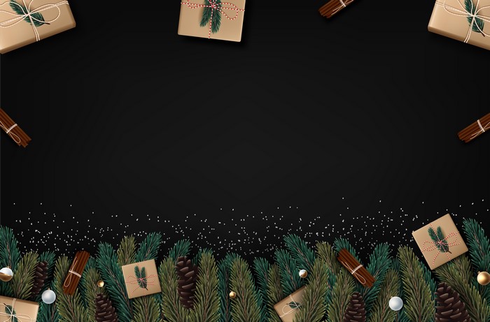 Christmas Gifts, Pine Cones, and Cinnamon Sticks on Black Background