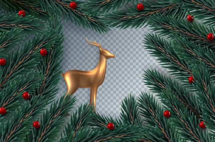 Christmas Fir Branches with Golden Deer and Berries