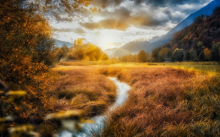 Autumn landscape with river and mountains