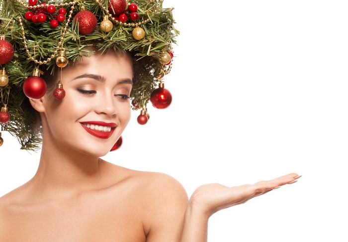 Woman with Christmas Tree Hair and Ornaments