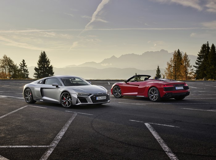 Audi R8 Spyder and Coupe in Parking Lot