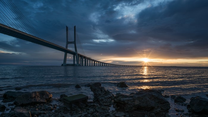 Vasco da Gama Bridge over Tagus River at Sunset