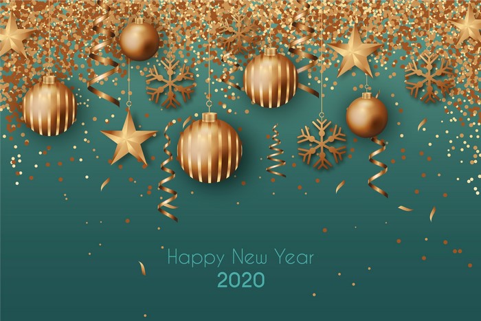Happy New Year 2020 with Gold Ornaments and Confetti