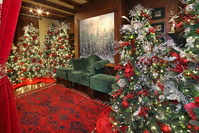 Christmas trees with fairy lights and ornaments in a room