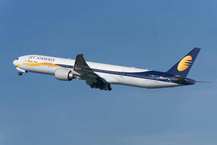 Boeing 777-300ER Jet Airways airplane in flight
