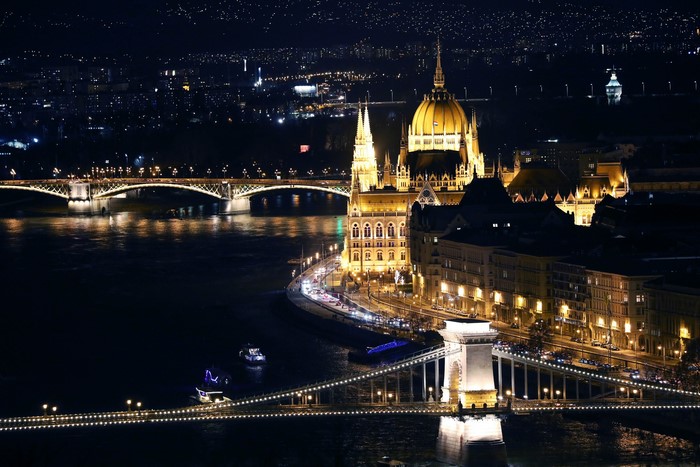 Budapest Parliament Building and Bridges at Night