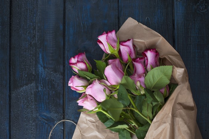 Pink Roses Bouquet on Dark Wood