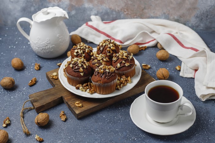 Chocolate walnut cupcakes with coffee and walnuts