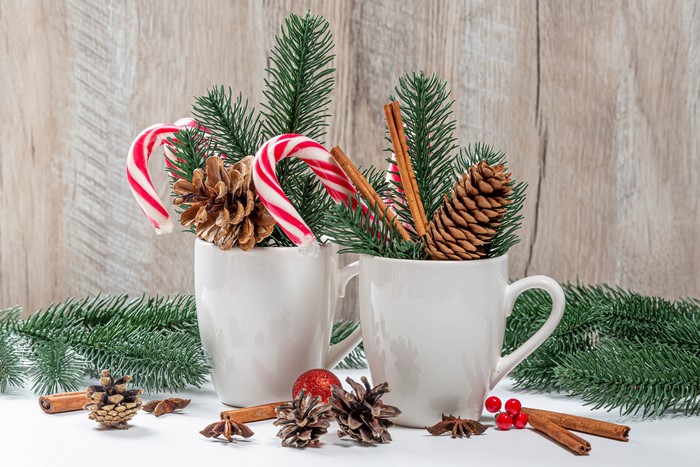 Christmas Mugs with Candy Canes and Pine Cones
