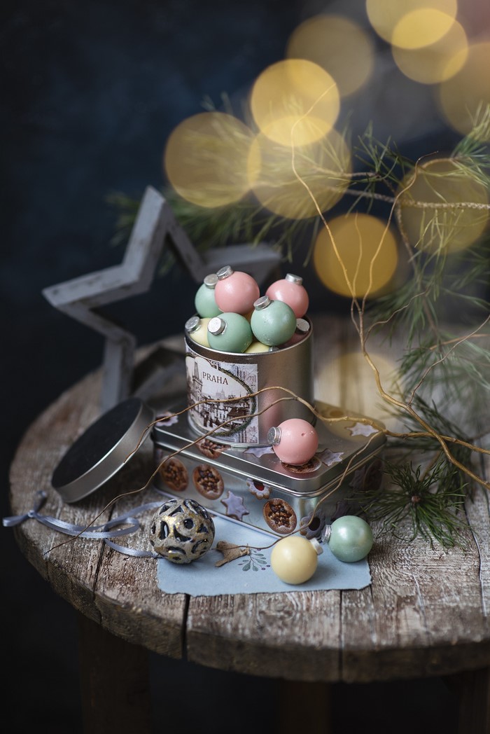 Christmas ornaments and star decoration on a wooden table