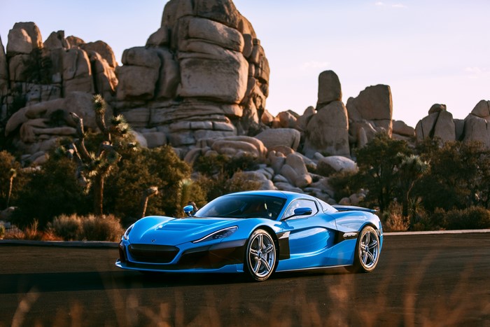 Blue Rimac C-Two California Edition Coupe in Desert
