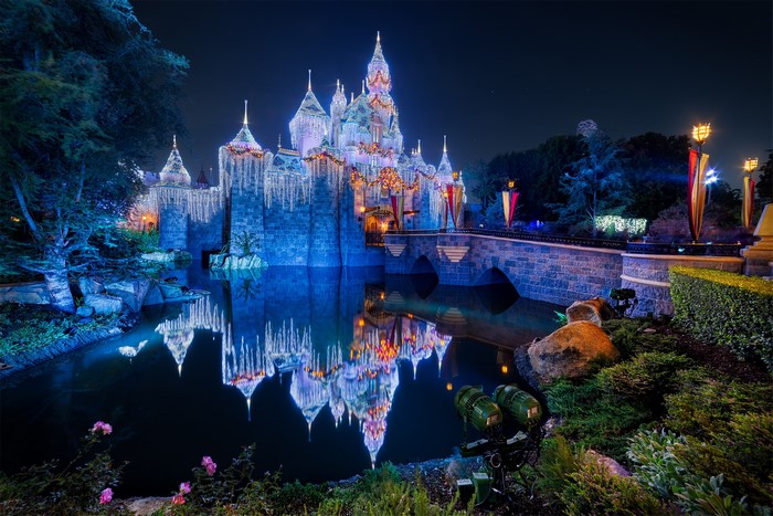 Disneyland Castle at Night with Winter Decorations