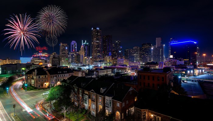 Dallas Skyline with Fireworks at Night