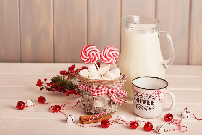 Milk Jug, Mug, Marshmallows, and Lollipops with Christmas Decorations