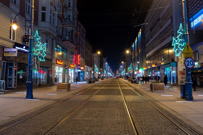 Street in Katowice, Poland at Night with Christmas Decorations