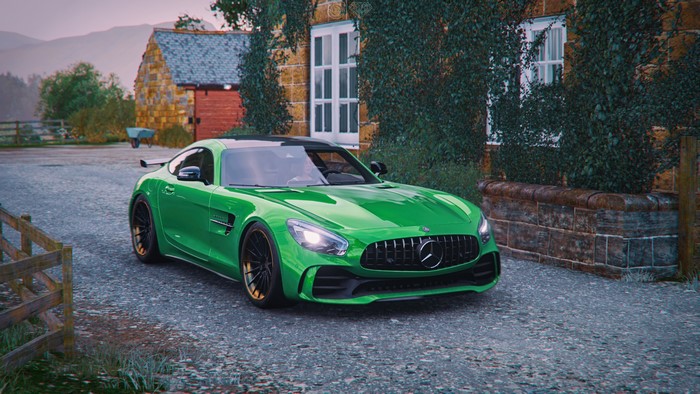 4K Green Mercedes-Benz AMG GT R in Rustic Setting