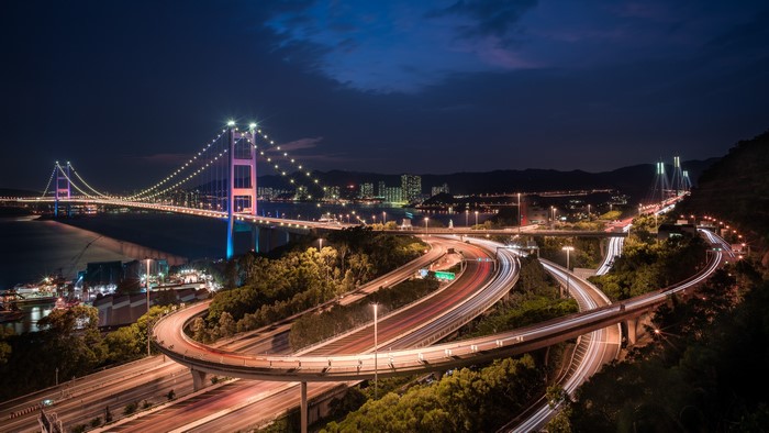 Tsing Ma Bridge and highway interchange at night