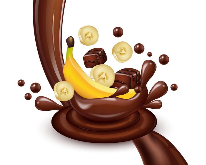 Chocolate splash with bananas and candies