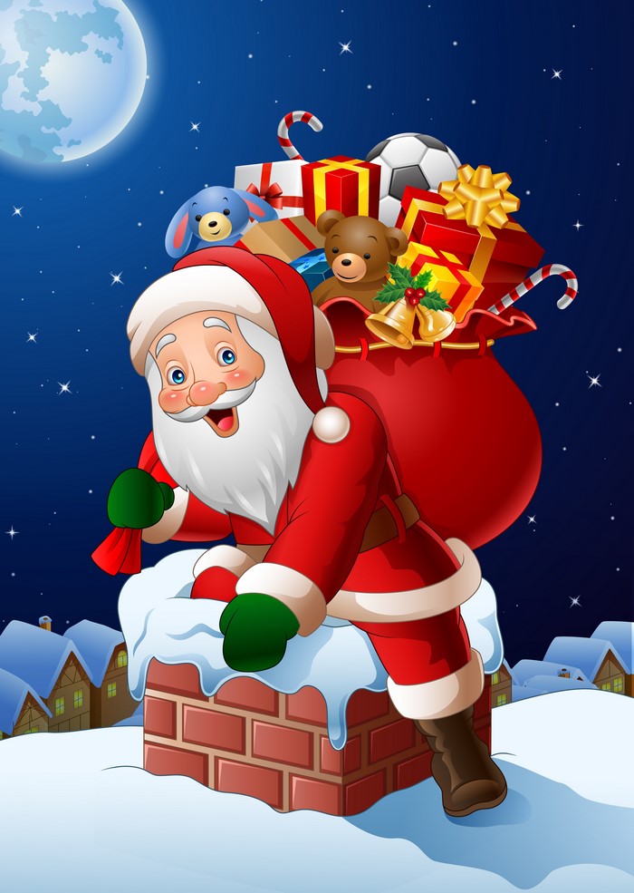 Santa Claus with a sack of gifts on a chimney