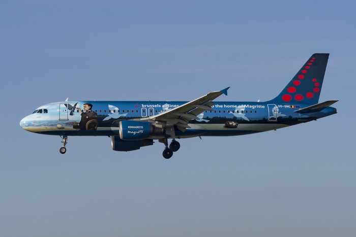 Brussels Airlines Airbus A320-200 airplane with Magritte art