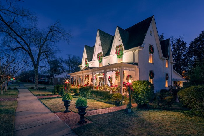 Christmas decorated house in West Point, Georgia at night