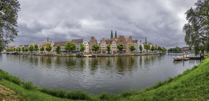 Germany Houses on River with Cloudy Sky