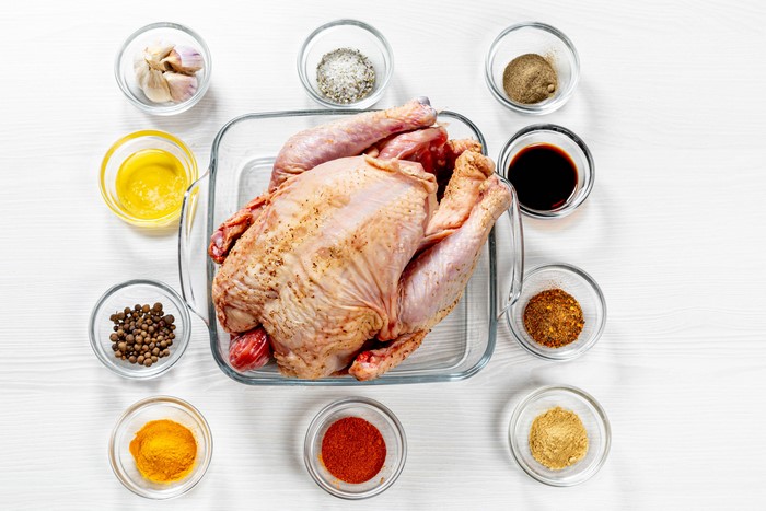 Raw chicken with spices and ingredients for cooking