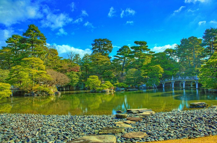 Kyoto Imperial Palace Park with Pond and Bridge