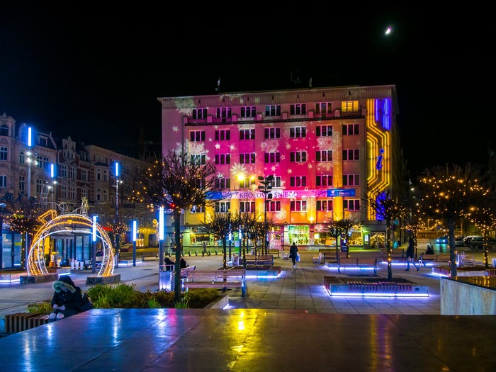 Katowice Town Square at Night with Christmas Lights