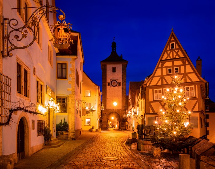 Rothenburg ob der Tauber street at night with Christmas tree