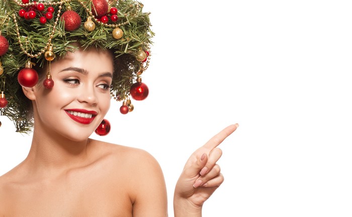 Woman with Christmas Tree Hair and Ornaments