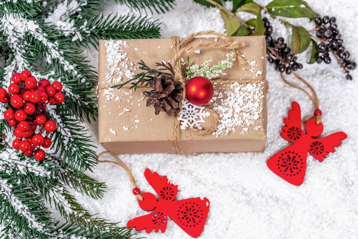 Christmas gift with pine cone and red ornaments