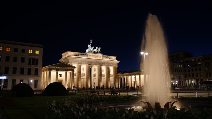 Brandenburg Gate and Fountain at Night in Berlin