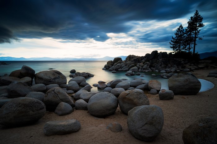 Lake Tahoe with Stones and Dramatic Clouds