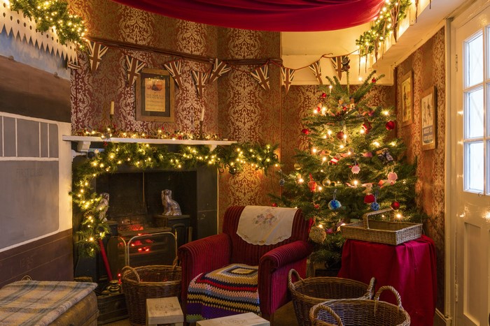 Christmas Interior with Tree and Fireplace