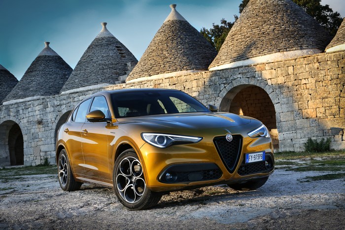 Alfa Romeo Stelvio Veloce in front of Trulli houses