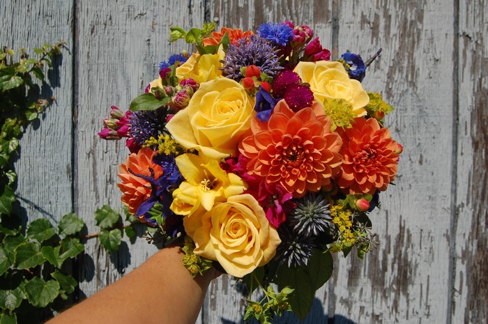 Bouquet of Roses and Dahlias with Thistle