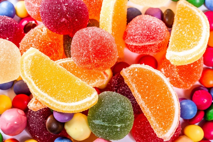 Assortment of colorful marmalade candies and chocolate balls