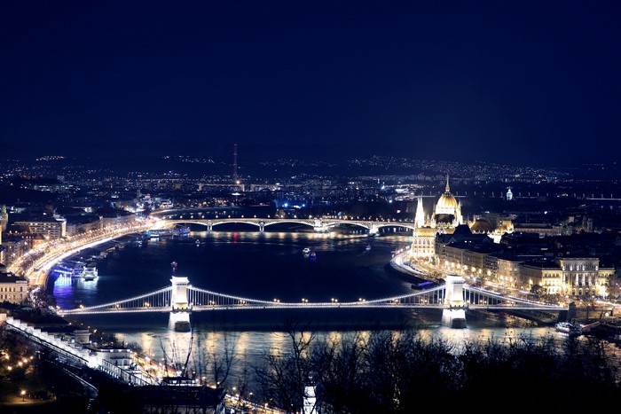 Budapest at night with Chain Bridge and Parliament Building