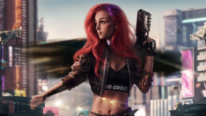 Redhead girl with pistol in Cyberpunk city