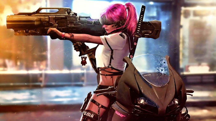 Cyberpunk girl with gun and katana on motorcycle