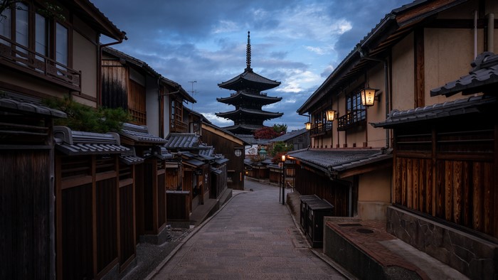Street with Pagoda in Kyoto, Japan at Dusk