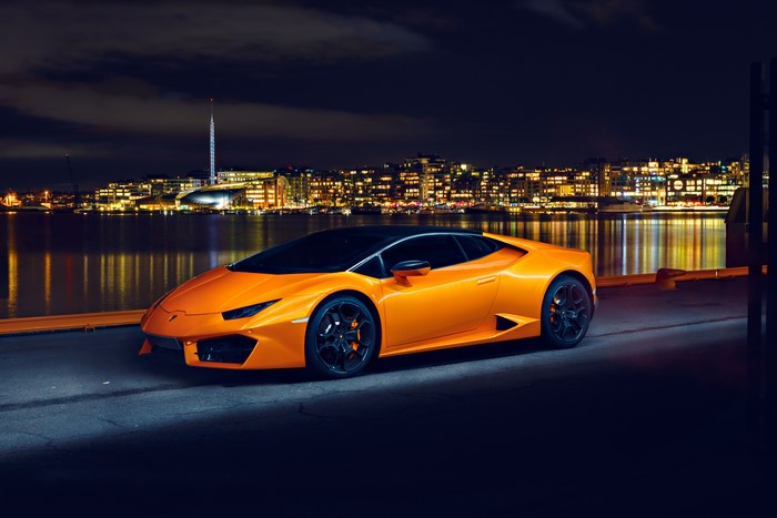 Orange Lamborghini Huracan 2016 LP 580-2 at Night
