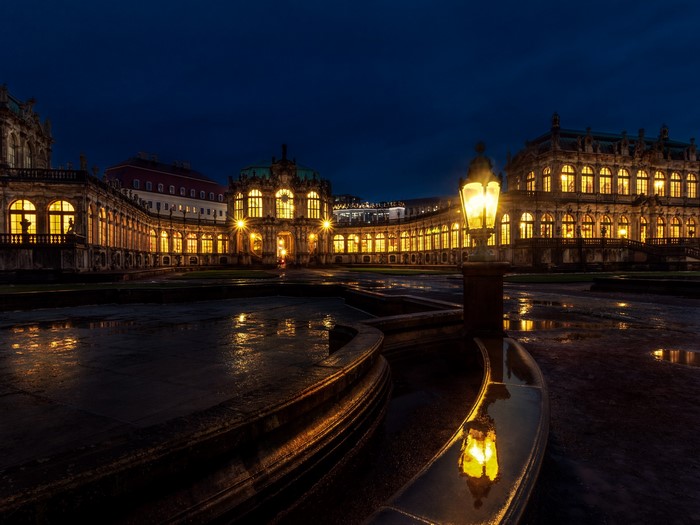 Zwinger Palace courtyard at night, Dresden, Germany