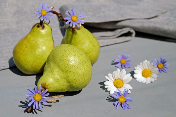 Pears with blue and white flowers