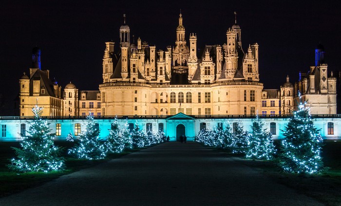 Chateau de Chambord at night with Christmas lights