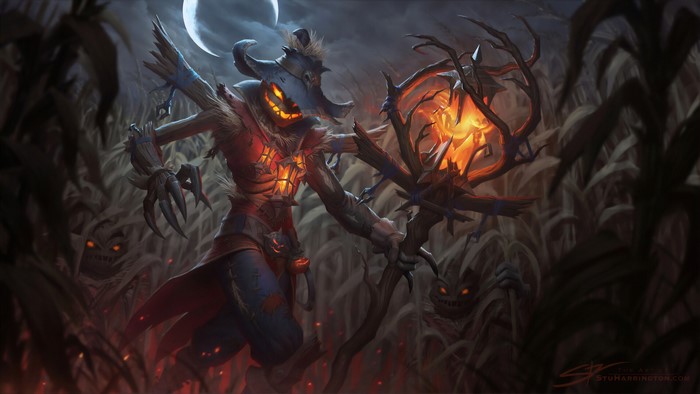 Scarecrow with Pumpkin Head and Lantern Staff in Cornfield