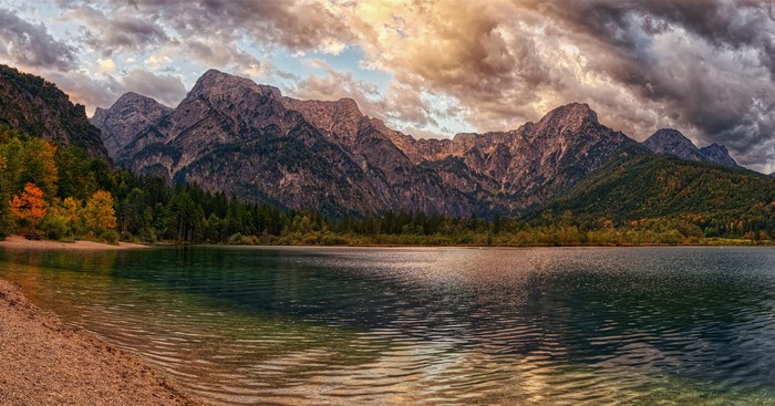 4K Lake Almsee Austria Mountains Autumn Clouds