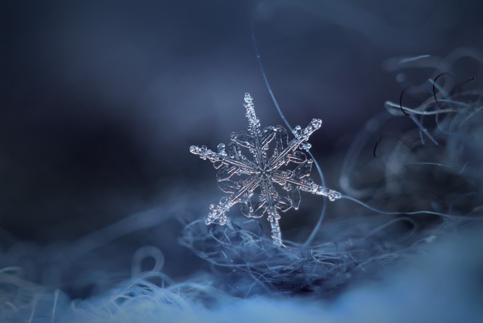Close-up of a snowflake on a fuzzy surface