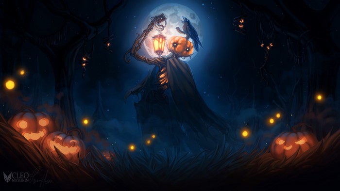 Halloween Scarecrow with Pumpkin Head and Lantern